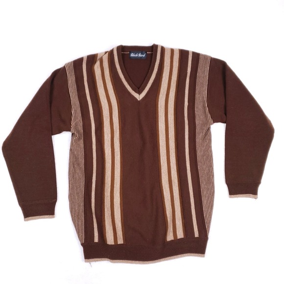 Black Bird Sweater Brown Tan Stripe V Neck Pullover Retro Mod Knit Vintage Med - Picture 1 of 7